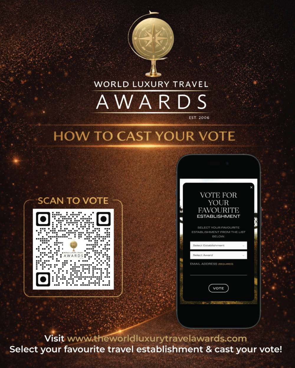 Fomos nomeados para os World Luxury Travel Awards de 2026 — e precisamos do seu voto Prémios mundiais de viagens de luxo